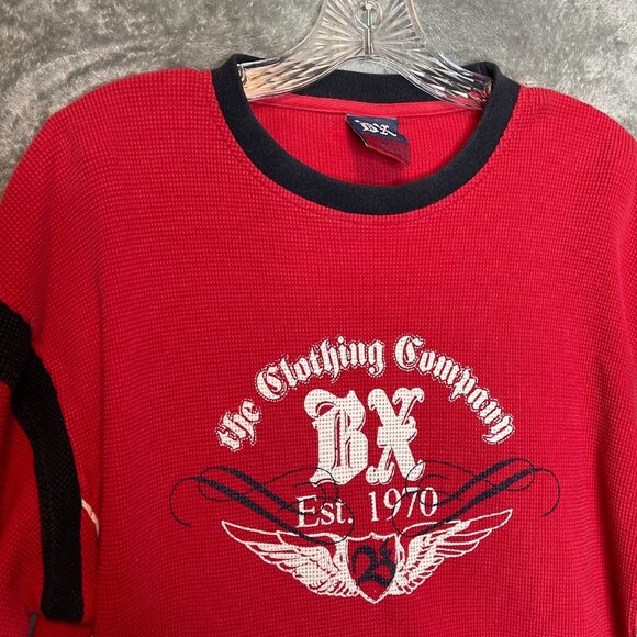 BX Men Y2K 90s Logo Waffle Knit Long Sleeve Crew Neck Thermal Shirt XL Red - Picture 4 of 12